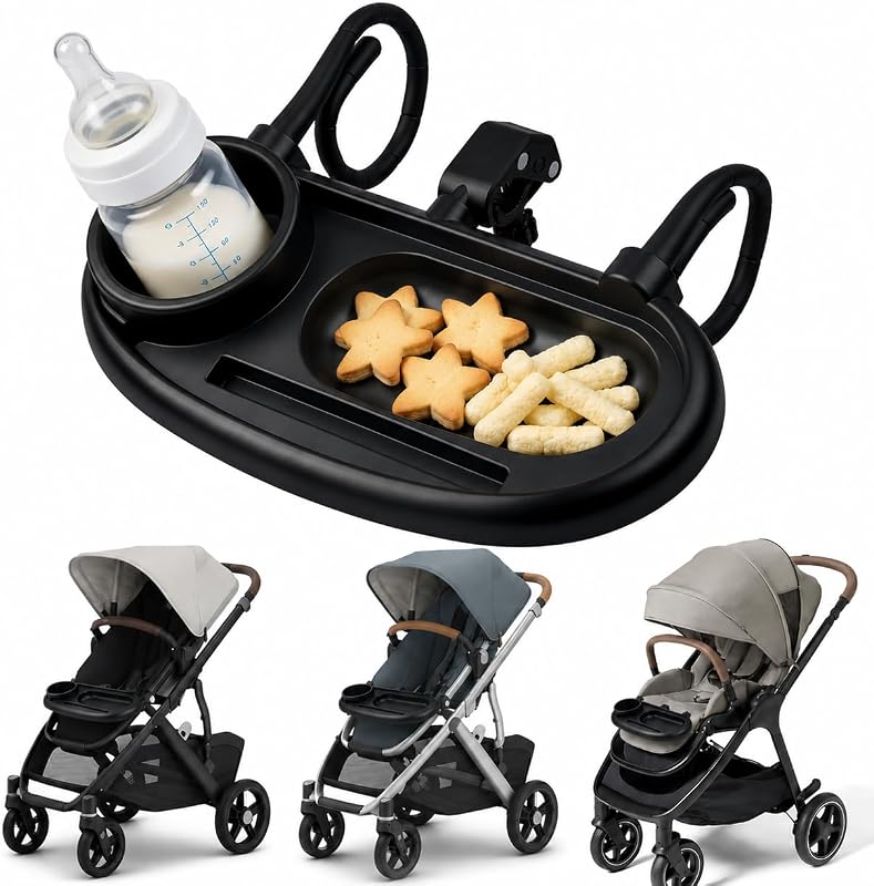 Compatible with UPPAbaby Snack Tray, Adjustable Stroller Tray Cup Holder | Food-grade plastic rinses clean after messy bites, while divided areas keep drinks, treats and a phone tidy on outings.