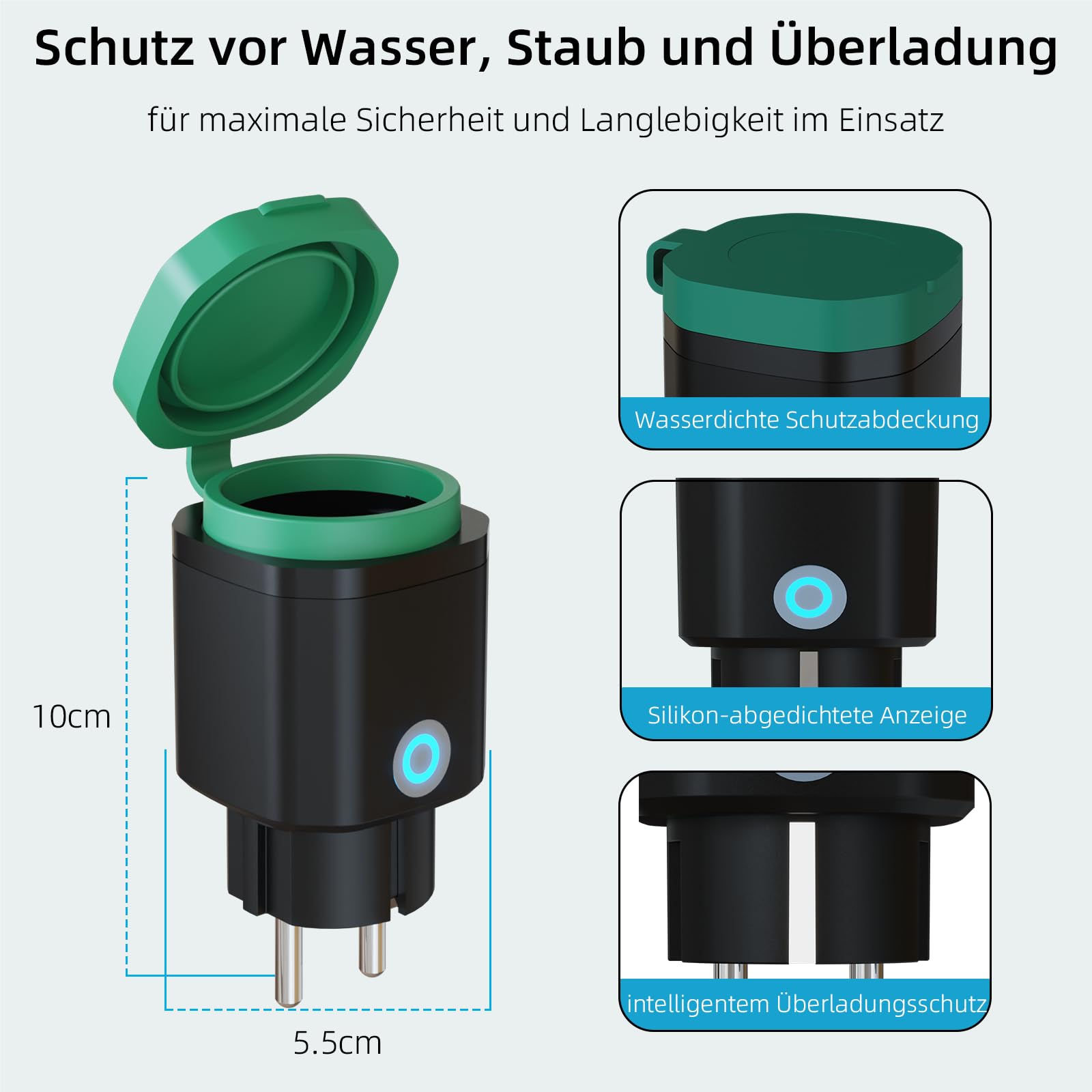 Presa Wi-Fi per esterni, presa intelligente con misurazione della corrente, funzione timer, presa esterna impermeabile IP44, supporta telecomando, compatibile con Alexa e Google Home (nero, confezione