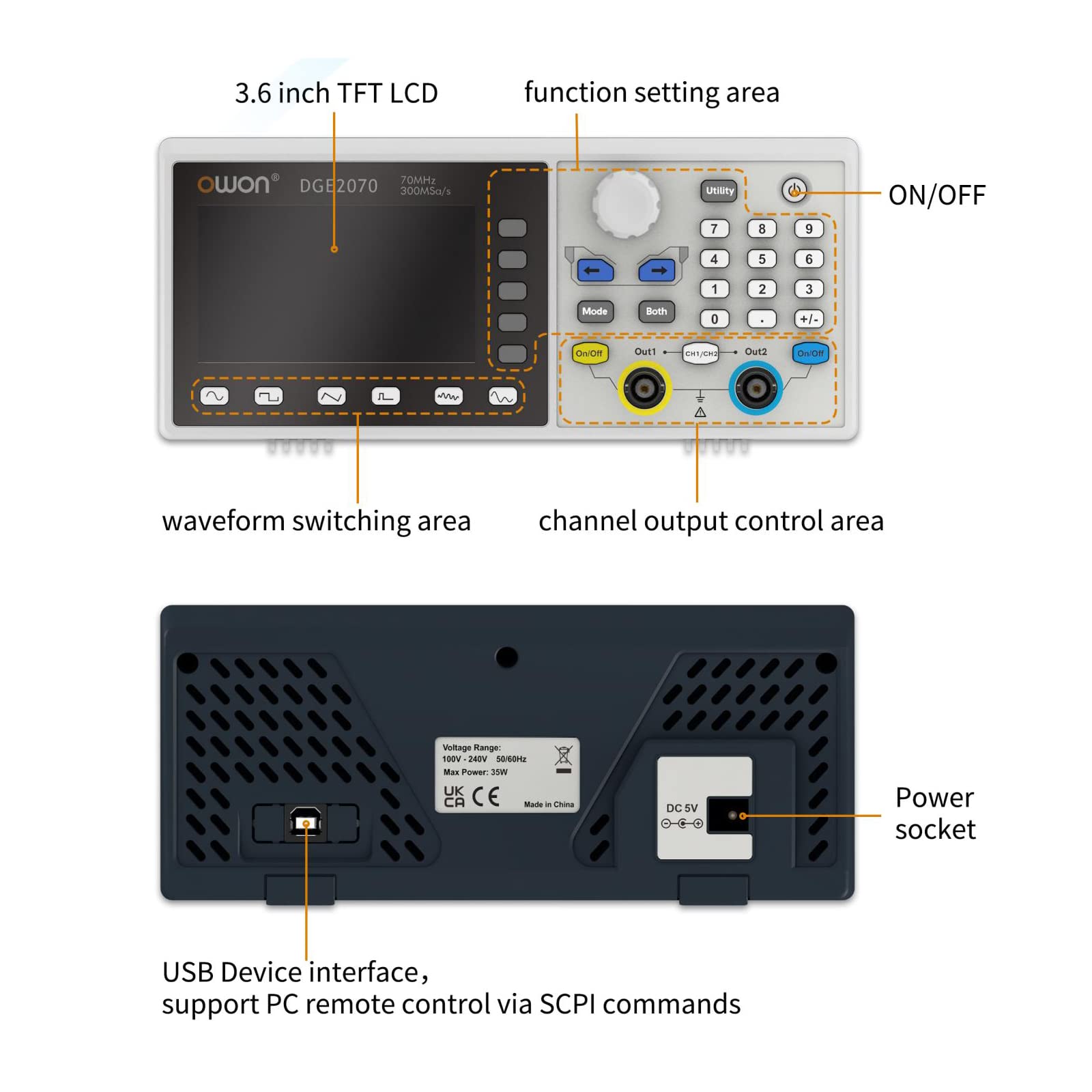 DGE2070 Digital Oszilloskop 300MSa/s 14Bits 70MHz willkürliche Wellenform Generator 3.6"inch AWG Maschine