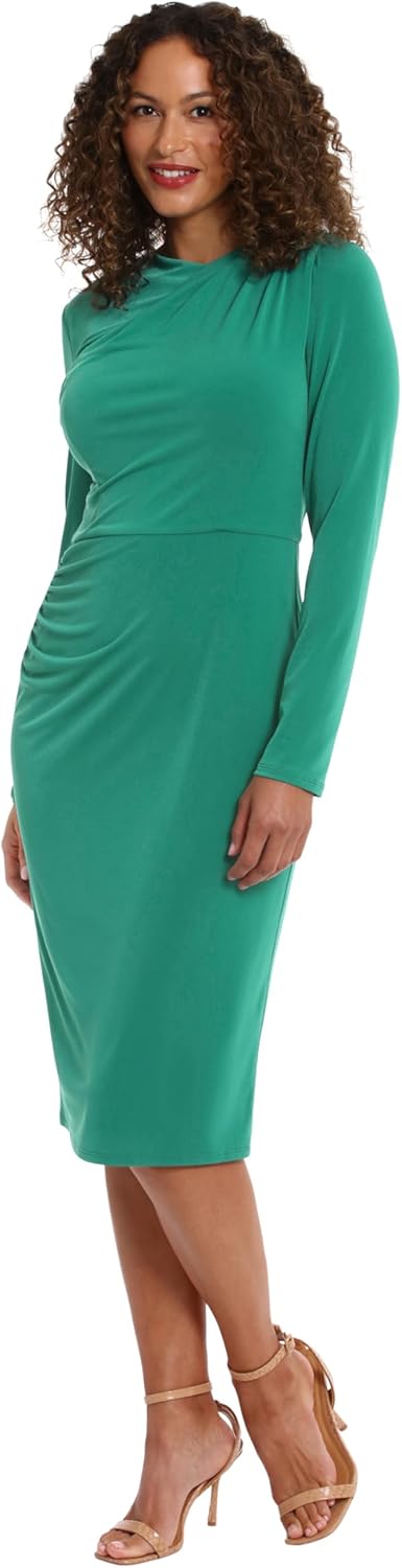 London Times Women's Dresses Draped Neckline Slimming Midi Length Jersey Sheath Dress with