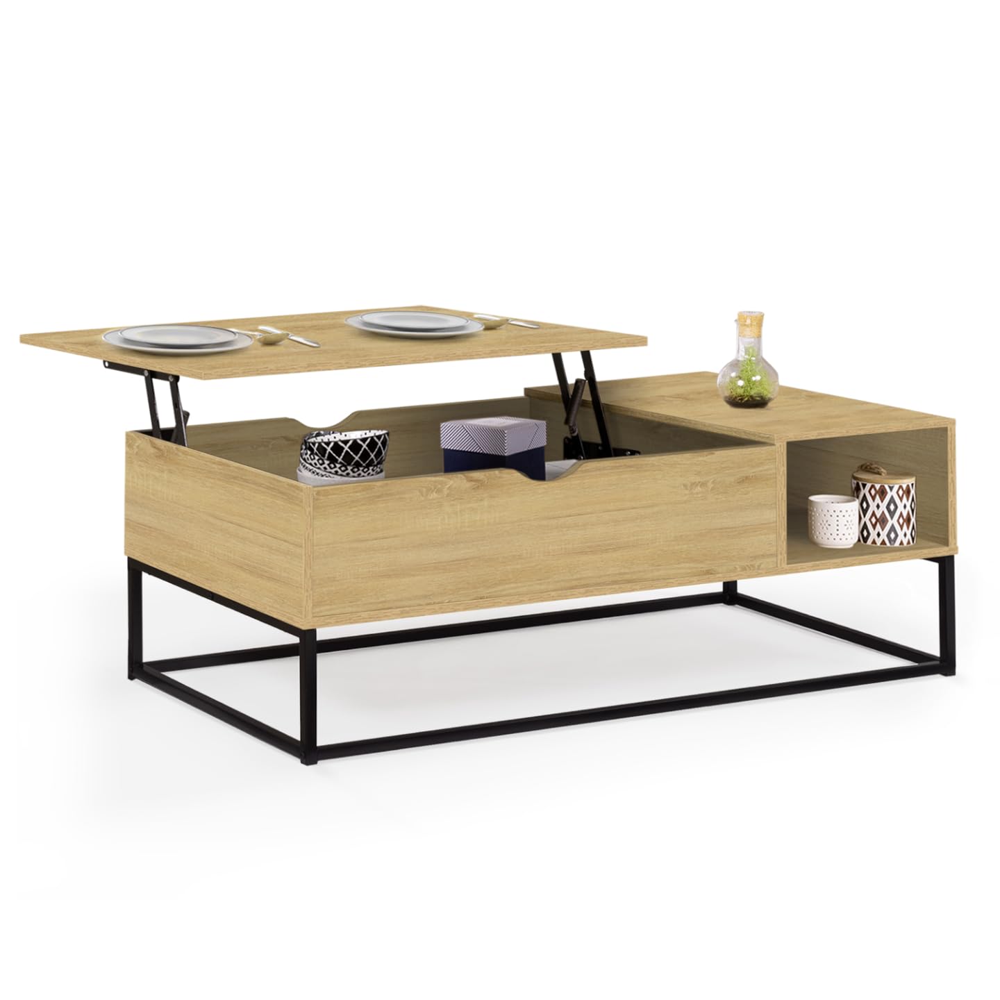 IDMarket - Table Basse Plateau relevable rectangulaire Detroit avec rangements Design Industriel