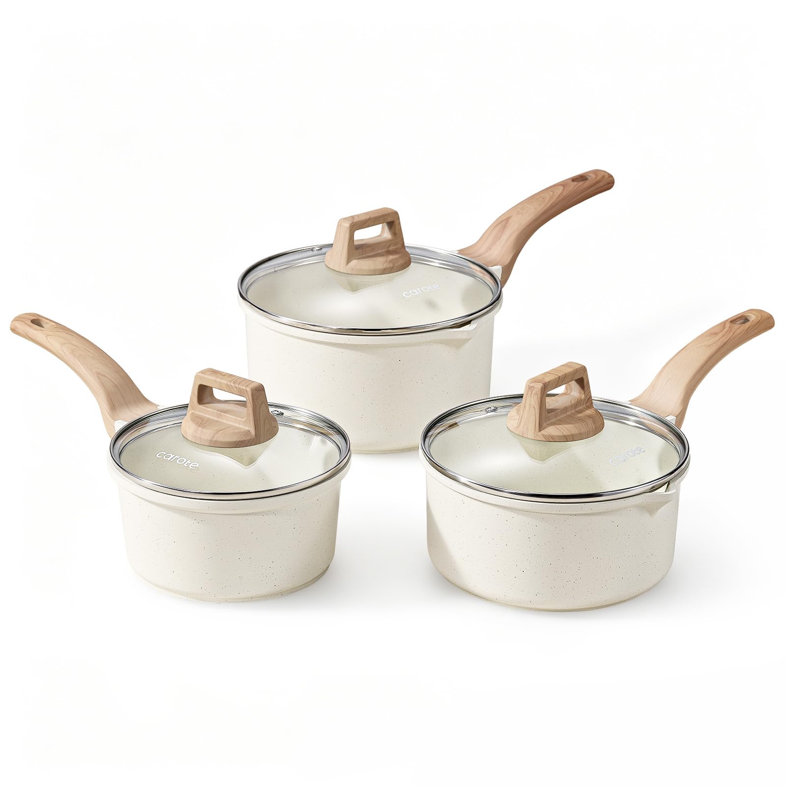 CAROTE 6-Piece Saucepan Set Marble-Effect Nonstick Coating with Lid, Induction Hob Compatible(Cream White) (PFOS, PFOA Free)