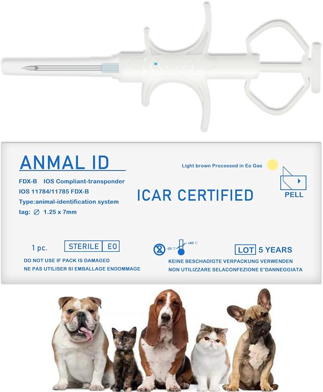 Microchip FDX-B para Identificação Animal Smoostart ISO11784/11785 1,25 x 7 mm, Pacote com 20