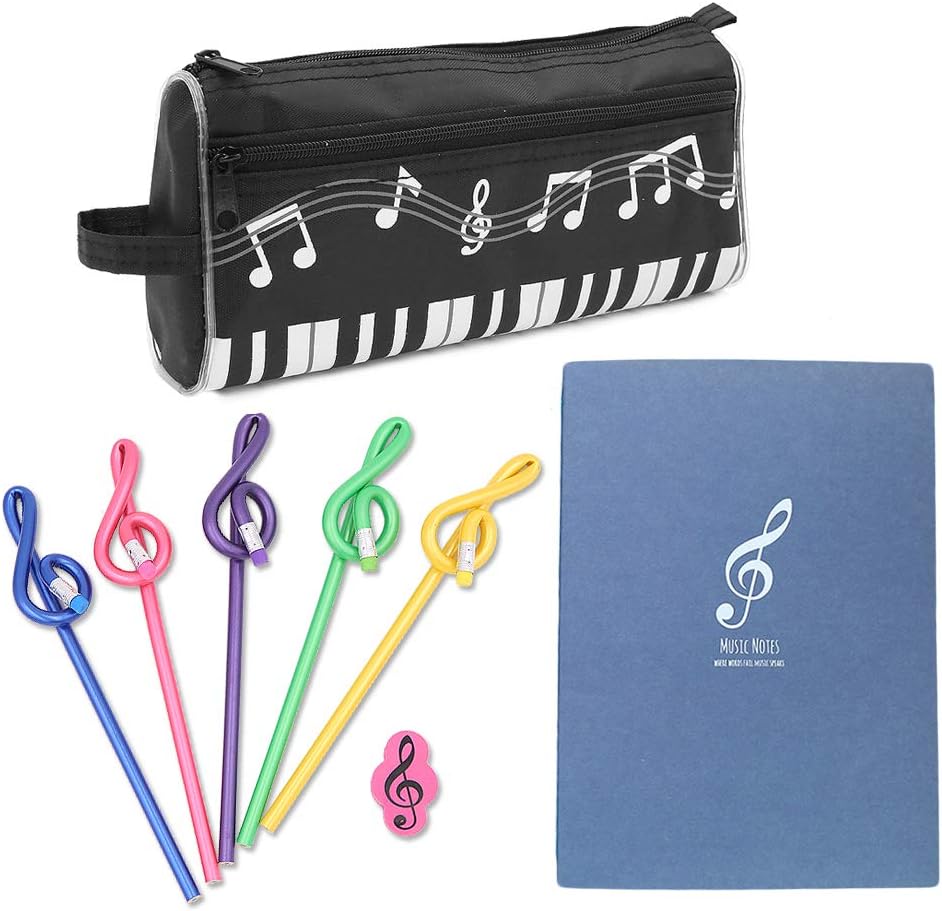 Music Notes Theme Stationery Set 8 Pieces Include 1 Piano Pattern Pen Case 1 Note Notebook 1 Eraser 5 Pencils for For Students Kids Study Gift