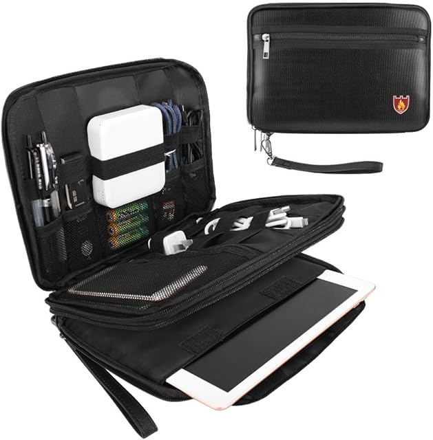 MoKo Fireproof Electronics Travel Gadget Organizer, Double Layer Electronic Accessories Organizer Storage Bag for Cables, Power Bank, Flash Drive, SD Cards, Tablet (Fits up to 7.9'') - Black