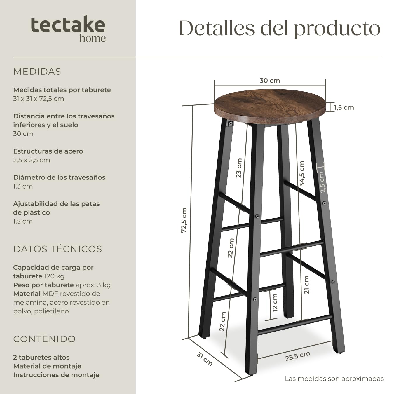tectake® Juego de Taburetes de Bar con Estilo Industrial, para sillas Comedor, Taburete Alto Cocina, sillas de Comedor, Barra de Cocina - 31 x 31 x 72,5 cm Madera Industrial Oscura, Rústica