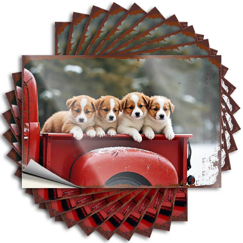 Fzfn Men's Colour Punk, Sticker Bottle Four Cute Puppies In A Red Truck On A Snowy Day | Football Office Decor(8X12cm)