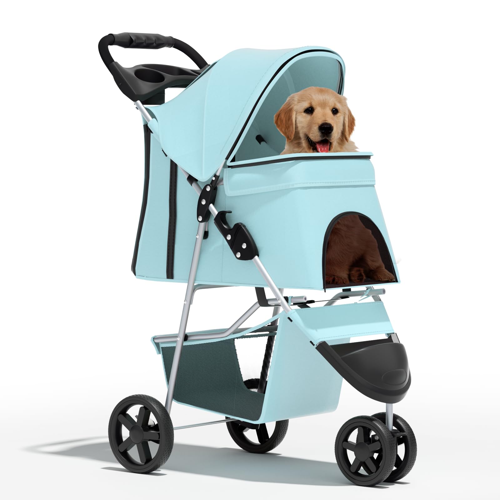 BRIGHTORIA Cat Dog Stroller,3-Wheels Pet Stroller for Medium/Puppy Dogs 30 Lbs, Cat Strollers for 1 Cats, Foldable Dog Stroller with Storage Basket and Cup Holder, Breathable Mesh Mint