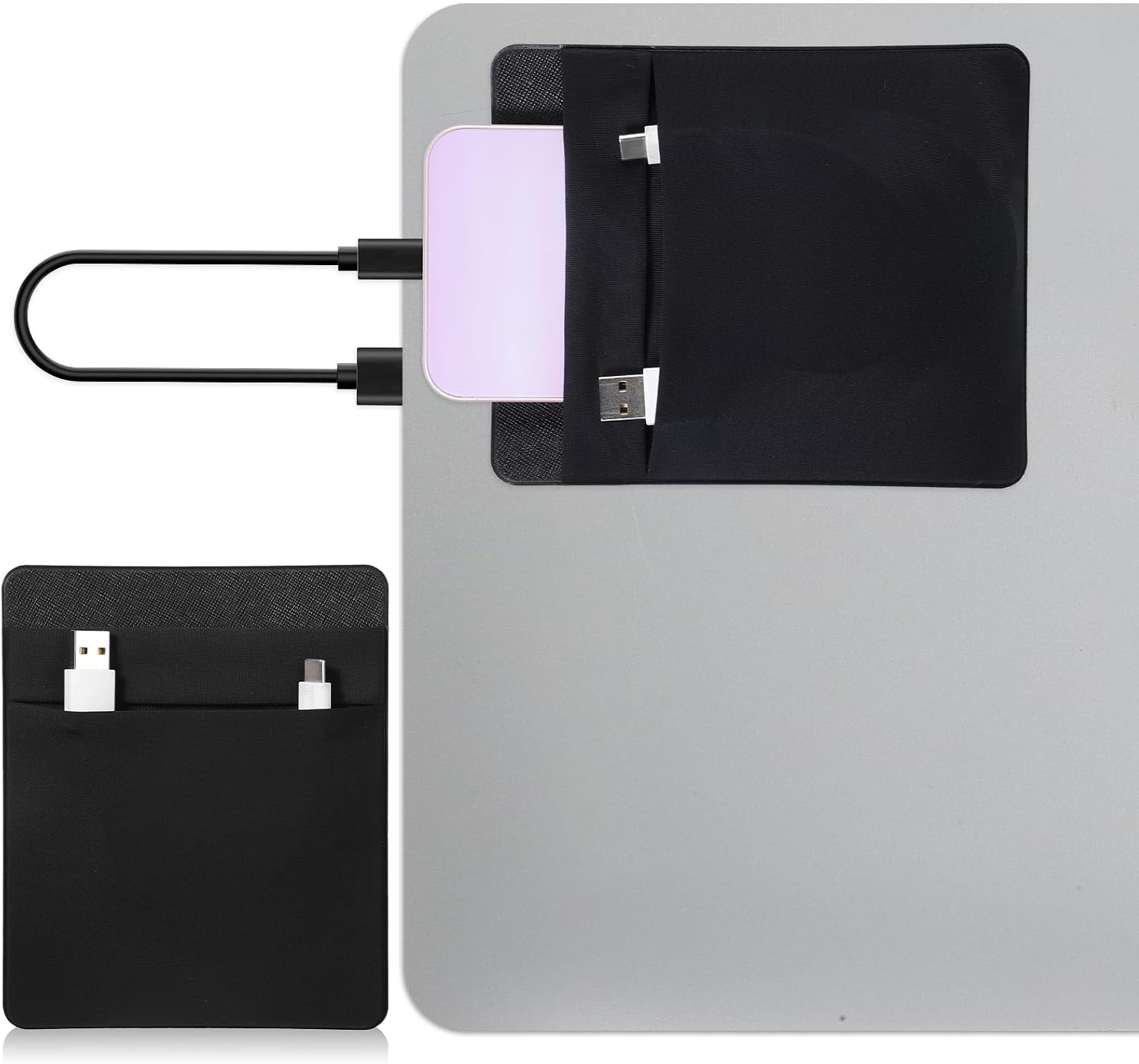 Portable Hard Drive Sleeve, 2-Pocket Stick on Pouch with Reusable Adhesive Portable SSD Holder for Most Laptop External Solid State Drive Mouse USB Cable