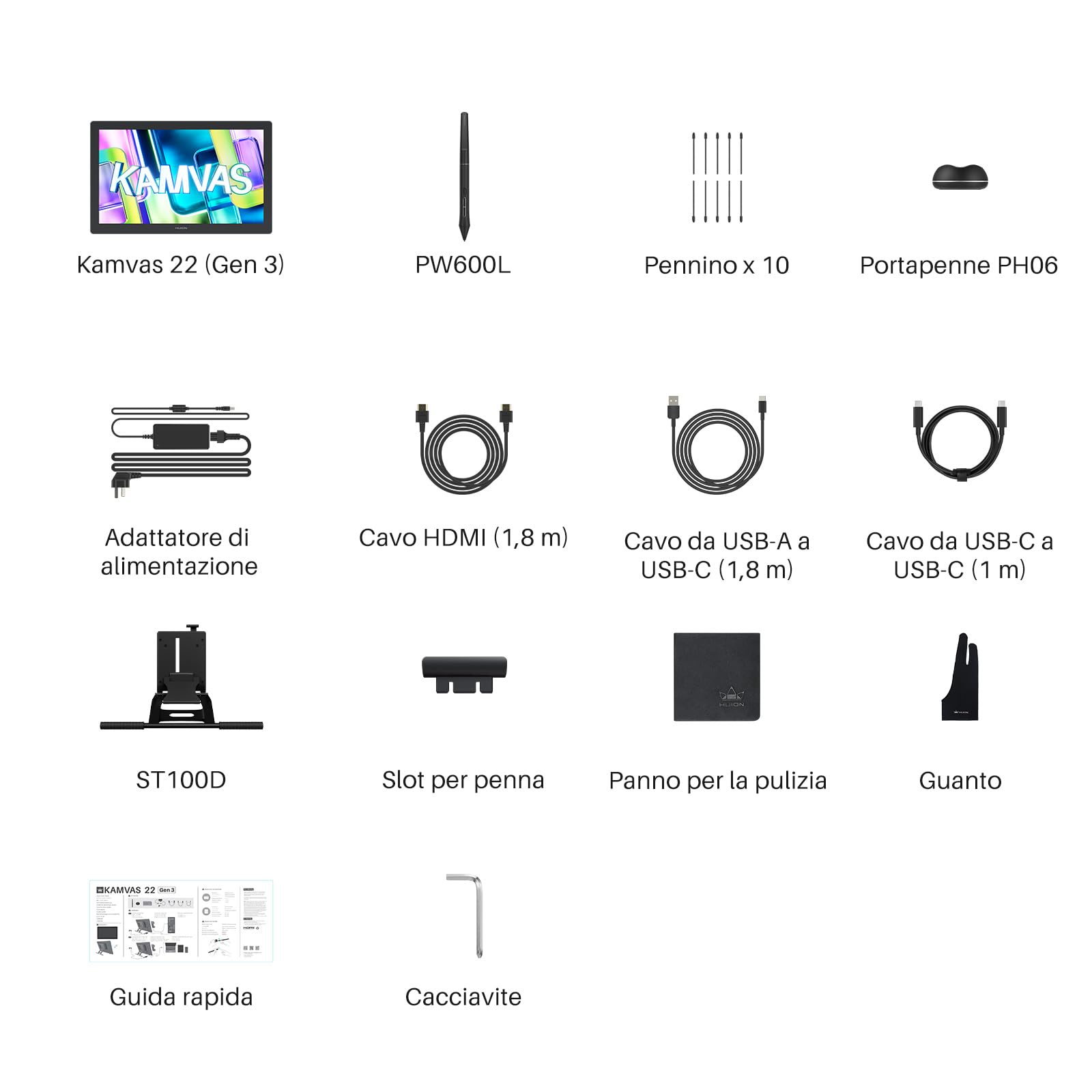 Huion Kamvas 22 (Gen 3 Tavoletta Grafica Con Schermo, display QHD 2,5K 21,5" 90Hz, stilo PenTech 4.0, 16384 livelli, 99% sRGB, ΔE<1,2 per illustrazione, design e animazione
