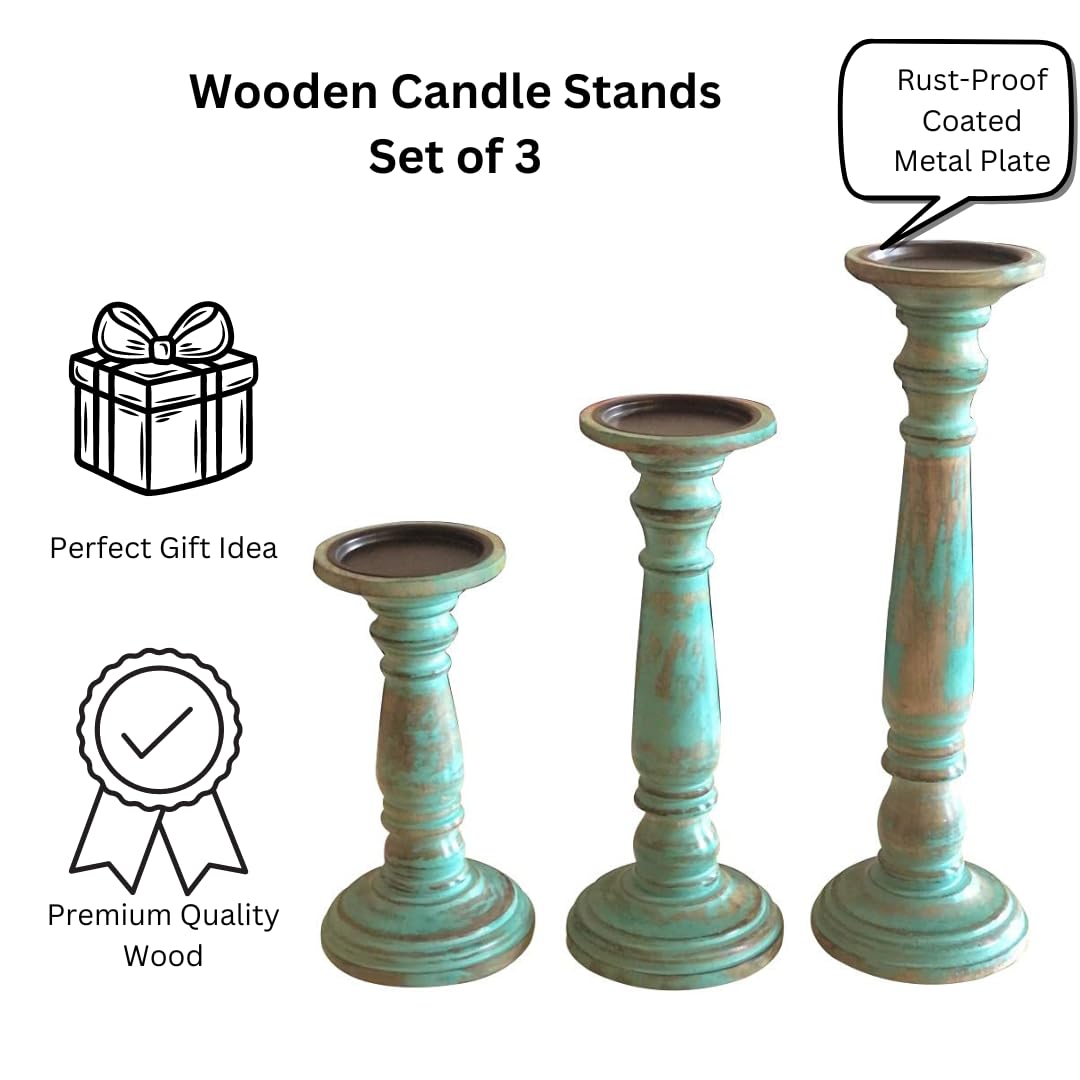 THE RAAVYA Handcrafted Wooden Pillar Candle Stand Set of 3 (15, 12 & 9 Inch) Antique Green Distressed Finish Decorative Candle Holders for Living Room Décor, Cozy Ambience & Luxury Home Styling Use 3
