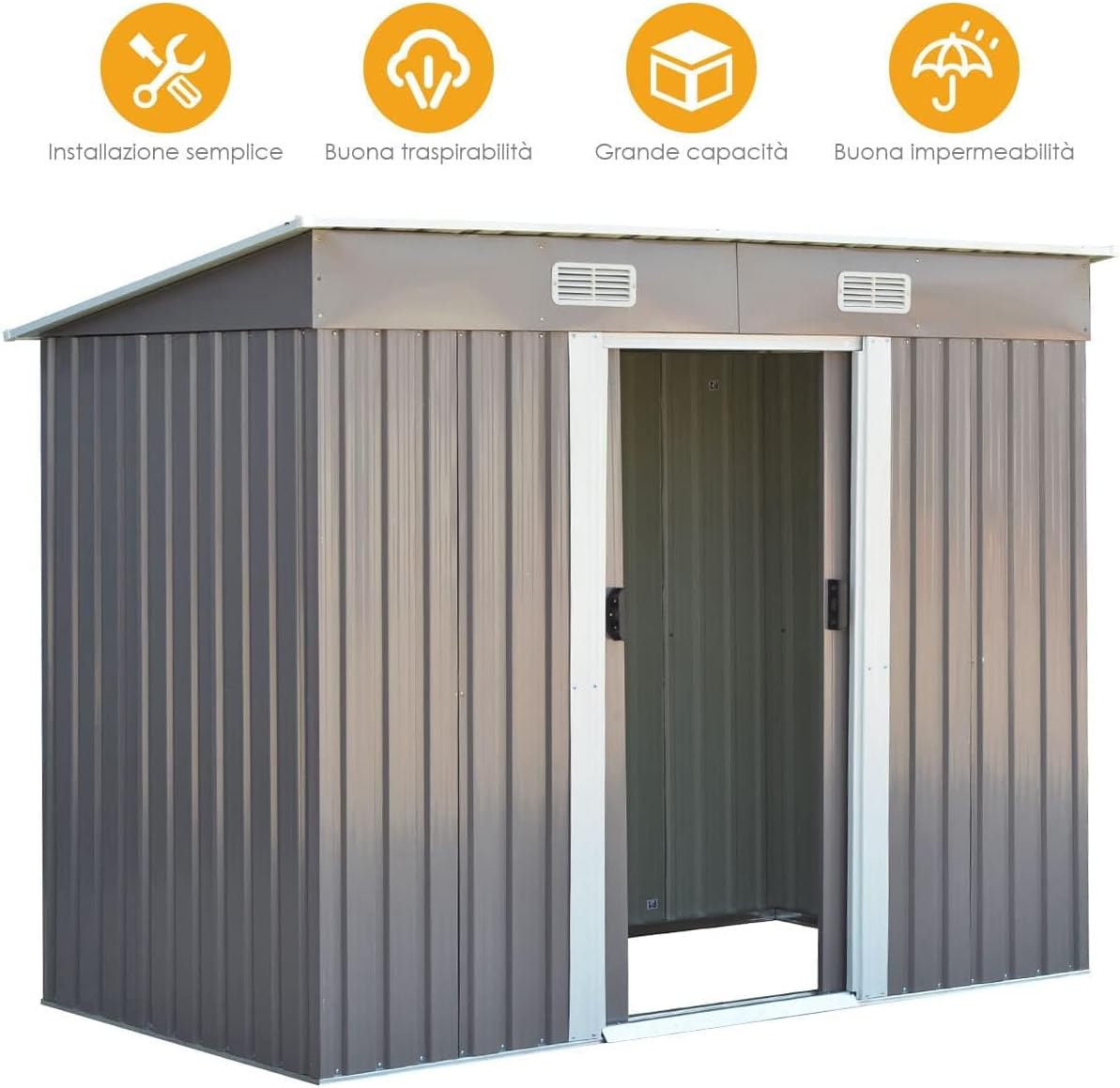 Partial assembly of the GYMAX Garden Shed showing wall panels and roof frame