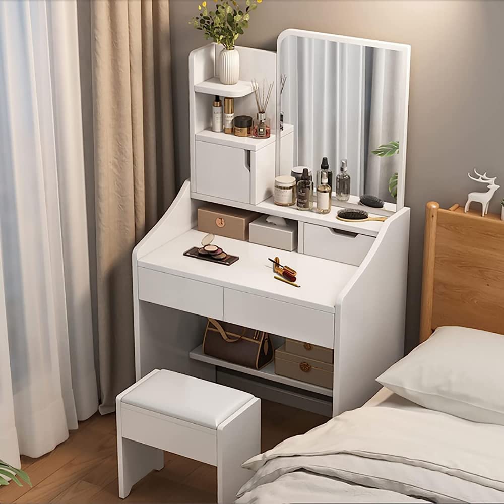 asdchZen White Vanity Desk With Adjustable Lighted Mirror Drawer And Shelves Ideal Makeup Vanity Table For Bedroom Studio 27.6" Length White,White-Length70cm/27.6