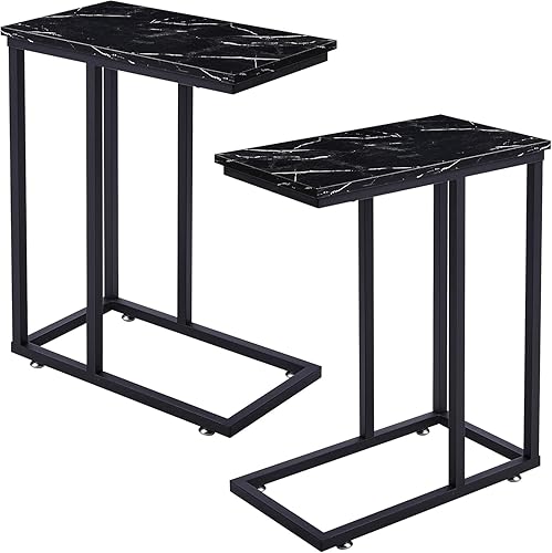 Miniatura 37 de VECELO Mesa auxiliar universal en forma de C, bandeja multifuncional para aperitivos y TV para sala de estar, dormitorio, color negro (1 juego)