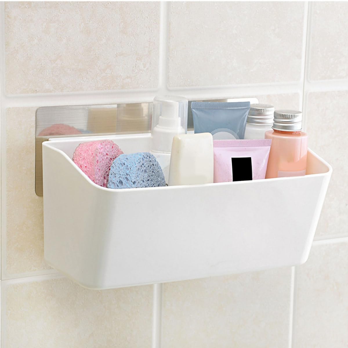Mensola Portaoggetti da Parete Bianca Ventosa per Bagno e Cucina, Plastica Resistente Fondo Traforato e Due Ganci Regolabili