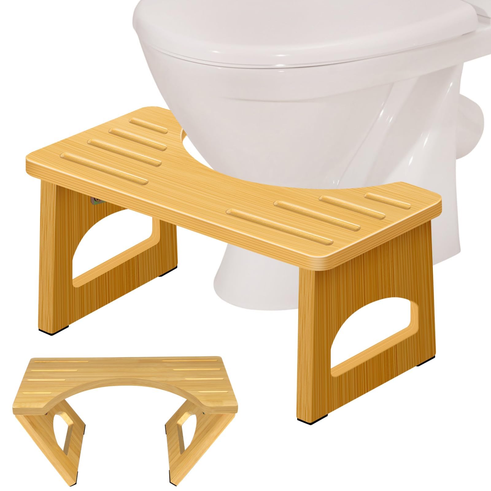 Foldable Toilet Stool, 7.5 Inch Poop Stool for Bathroom, Bamboo Toilet Stool Squat Adult, Collapsible Squatting Potty Stool with Non-Slip Strip - Improve Squatting Posture and Comfort, Wood