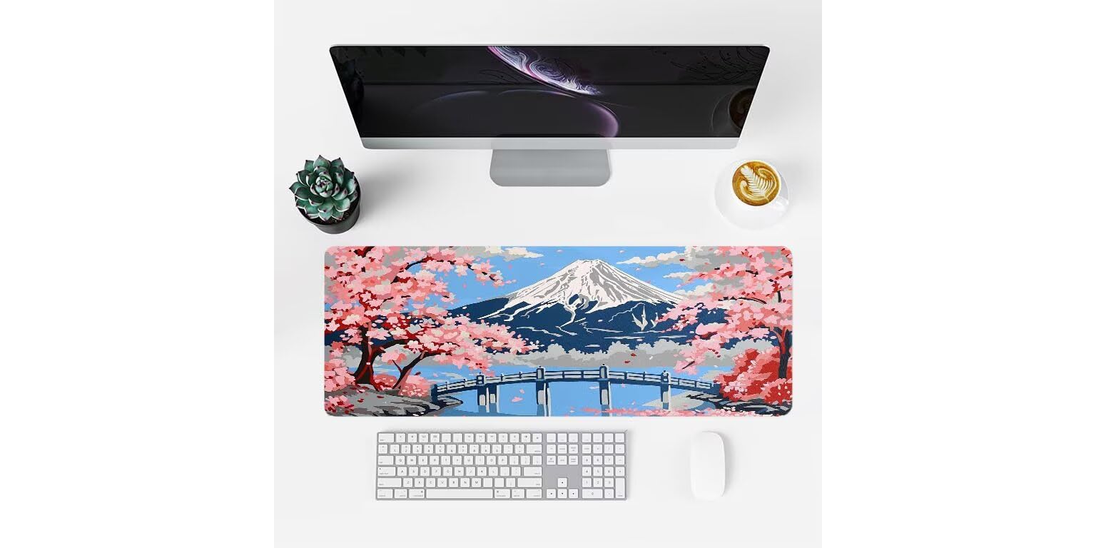 Tapis de Souris XXL 900x500x3mm Grand Tapis Souris Mont Fuji Japon Mouse Pad Gamer, Mouse Pad à Bords Cousus, Base en Caoutchouc antidérapante, pour Gamer, Personnel de Bureau Les Cadeaux A-321