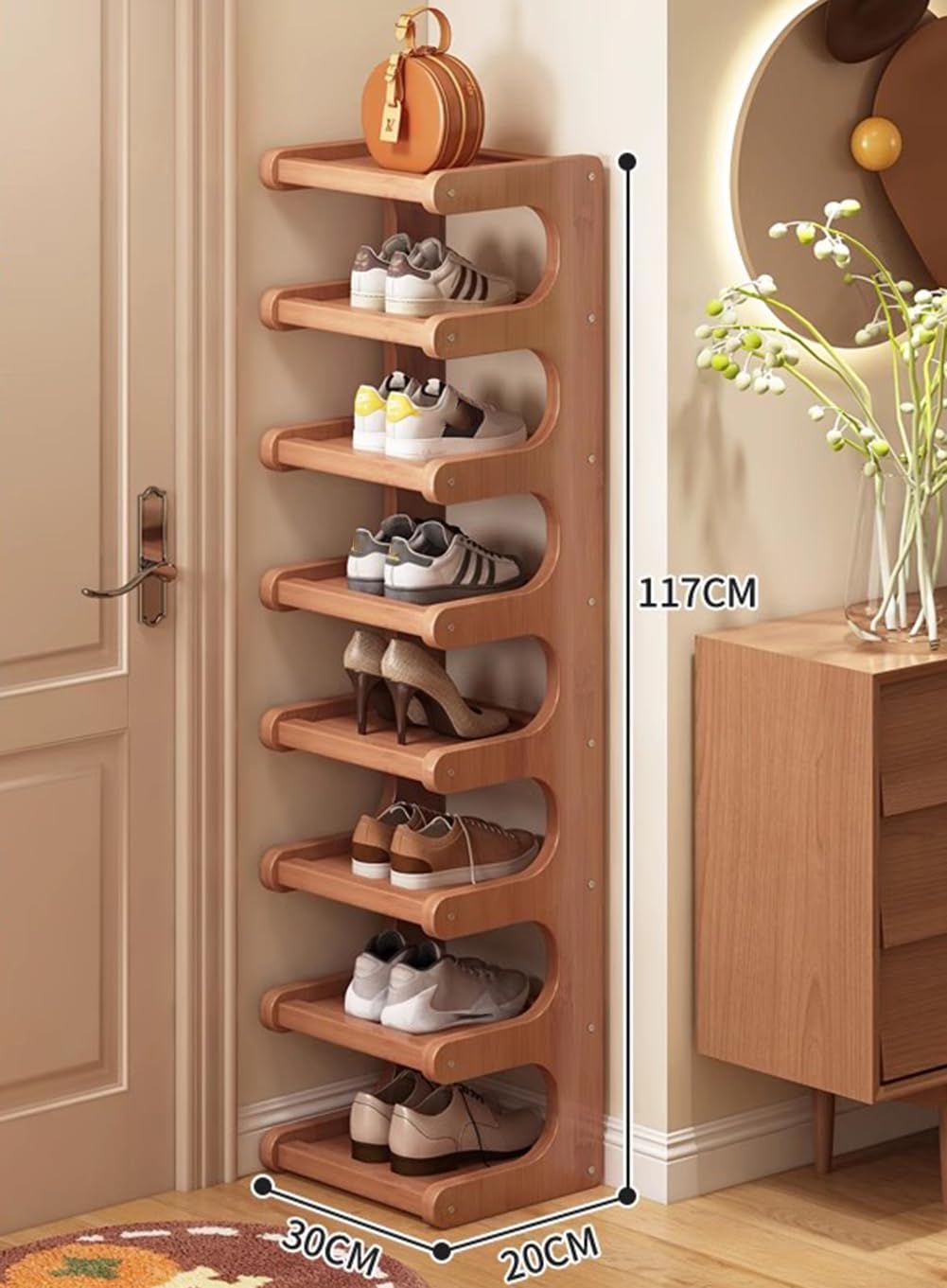 Zapatero de bambú de 8 niveles para armario, estante marrón multifuncional con conectores de cierre de tornillo, 30 x 20 x 117 cm, ideal para niños pequeños