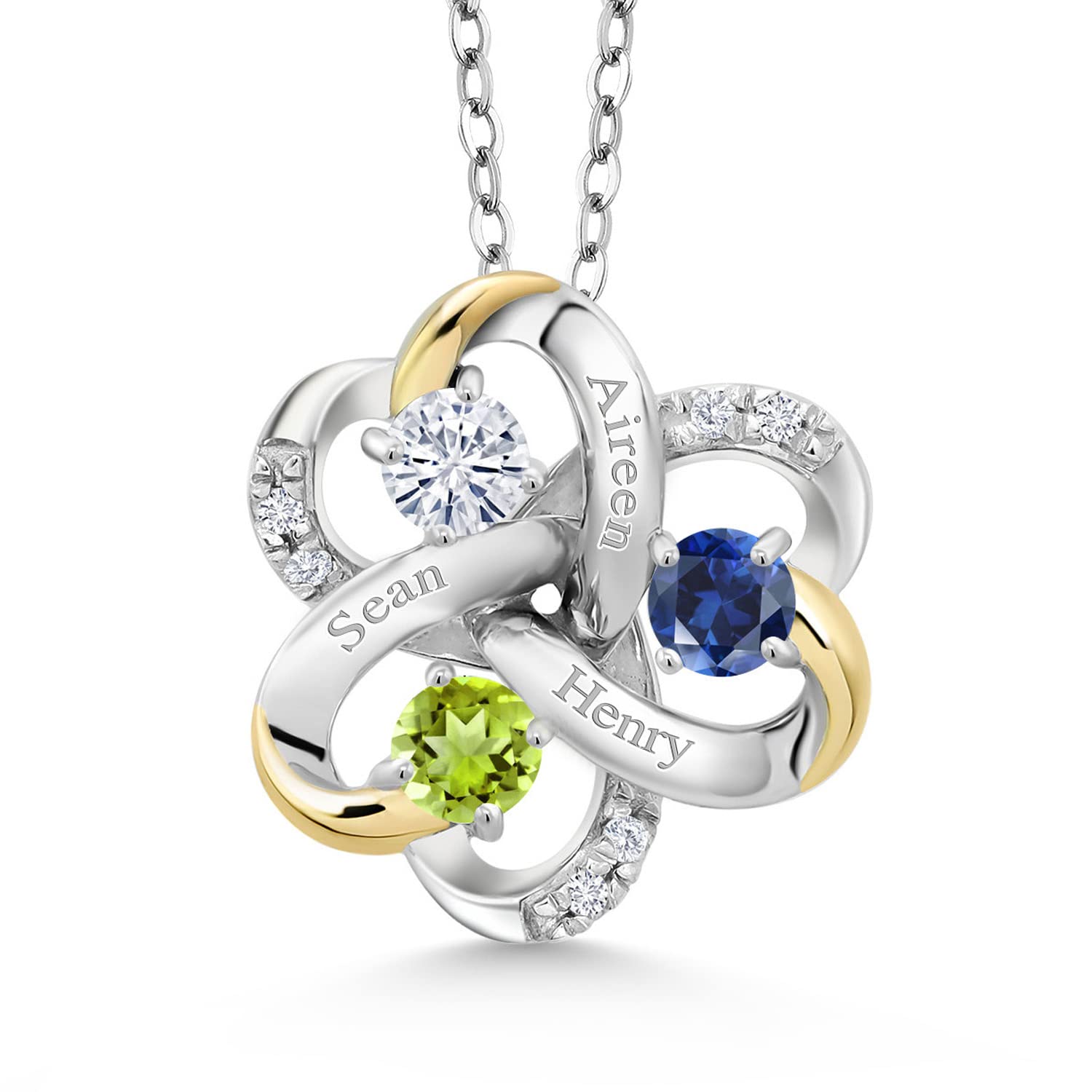 Gem Stone King Customized Personalized Engraved 3-Stone Pendant Necklace For Women | 925 Sterling Silver and 10K Yellow Gold | Gemstone Birthstones