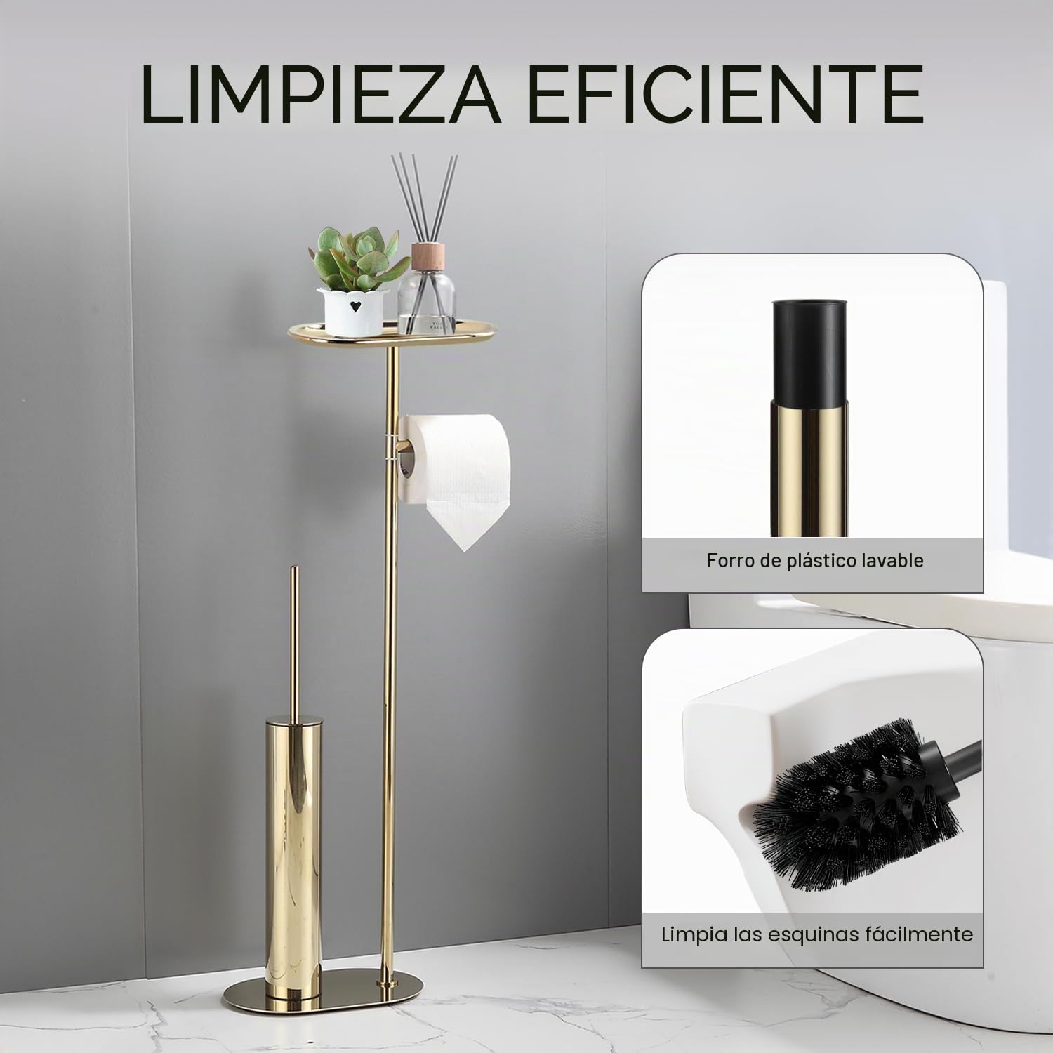 BGL Juego de escobillas de baño de pie con soporte para papel higiénico 3 en 1 con estante, diseño moderno y de acero inoxidable dorado