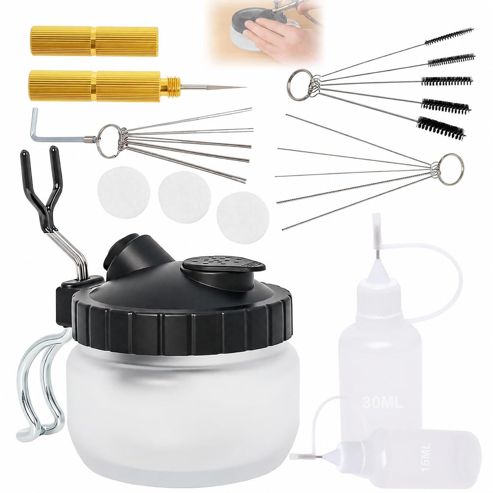 Kit de Nettoyage aérographe avec Pot, Ensemble Complet avec brosses, Aiguilles et Reamer, Outil de Nettoyage pour buse aérographe, Entretien et Maintenance, Accessoires universels