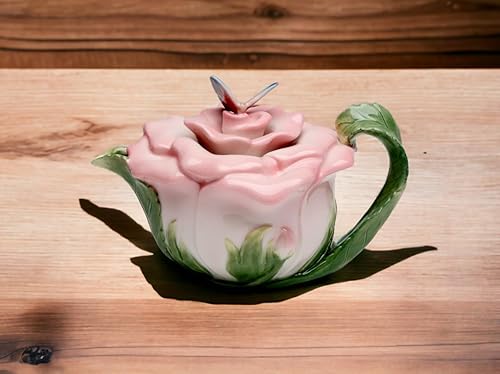 Miniatura 2 de Tetera de porcelana rosa rosa con mariposa en la parte superior de la tapa, 7 78" L