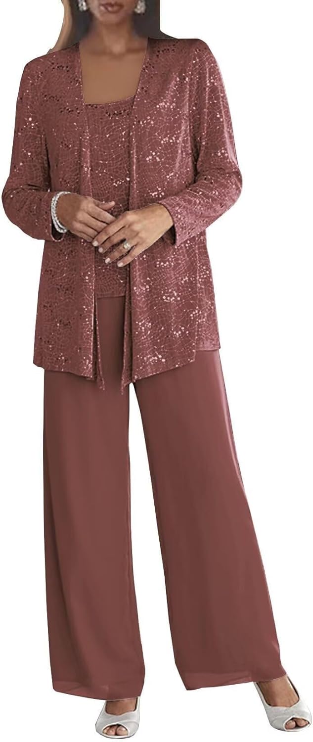 Chiffon Mother of The Bride Pant Suits for Wedding 3 Pieces Sequin Grandmother of The Bride Pant Suits with Jacket