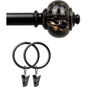 KAMANINA Bundle of 32-144" Black Single Curtain Rod with Marble Ends and Black Curtain Rings with Clips 20 Pack, with Interior Diameter 1.5 In