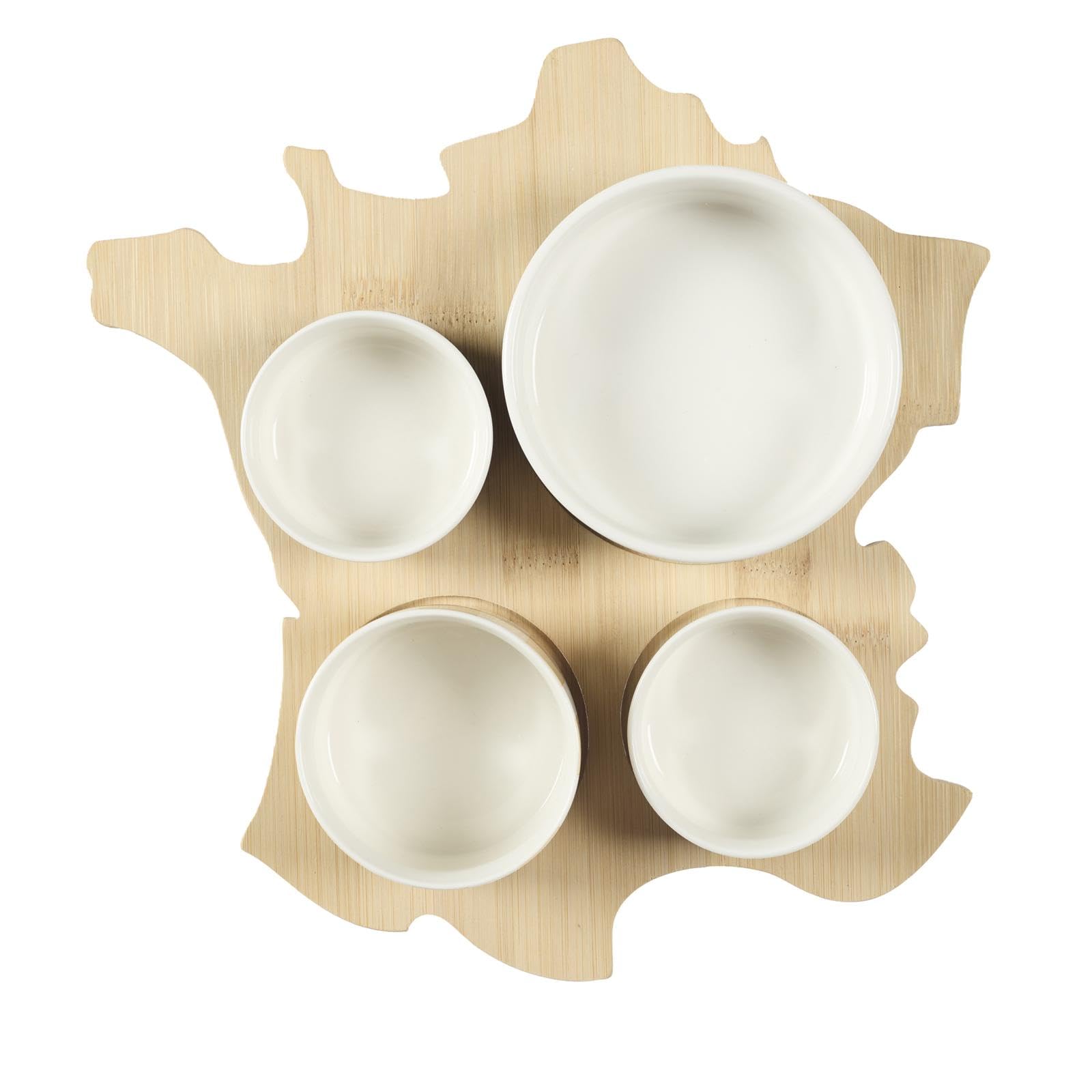 Planche à apéritif en bois avec bols pour éviter les mélanges et réussir vos buffets
