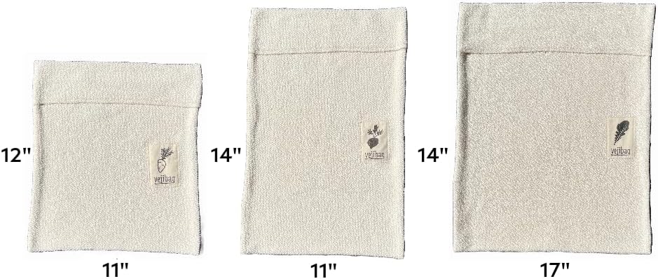 VEJIBAG Variety Pack | Certified Organic Cotton Vegetable Crisper Bags | Made in USA | 3 Bags-Standard, Large,Extra Large | Plastic Free