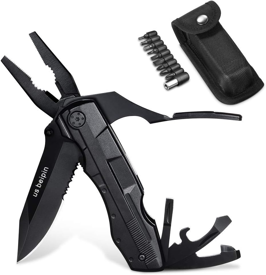 us beipin Multitool Pocket Knife Multi Pliers For Men - Multipurpose Folding Knife Multi-plier with 9-in-1 Screwdriver Bit Set Safety Lock for Survival, Camping, Fishing, Hunting, Hiking