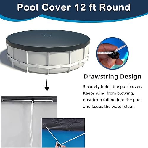 Miniatura 5 de Cubierta redonda de piscina de 12 pies, cubierta de piscina sobre el suelo, cubierta redonda de 12 pies, con agujeros de drenaje y cuerdas de