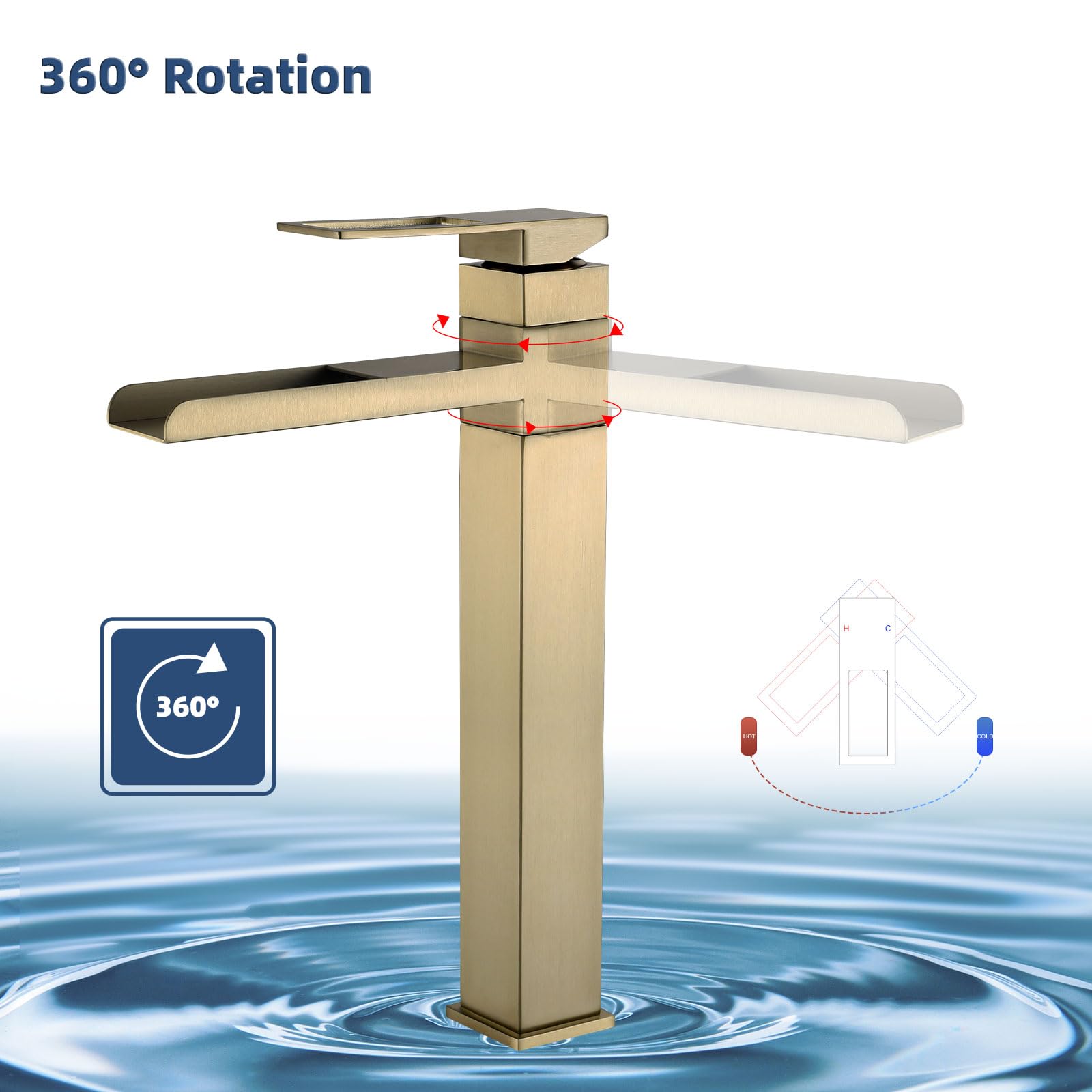 Robinet Lavabo Haut, Robinet Salle Bain Cascade, Mitigeur Lavabo Rotatif 360°, Mitigeur pour Vasque, Réglable Chaud et Froid, Or Brossé, 6M4OK-T