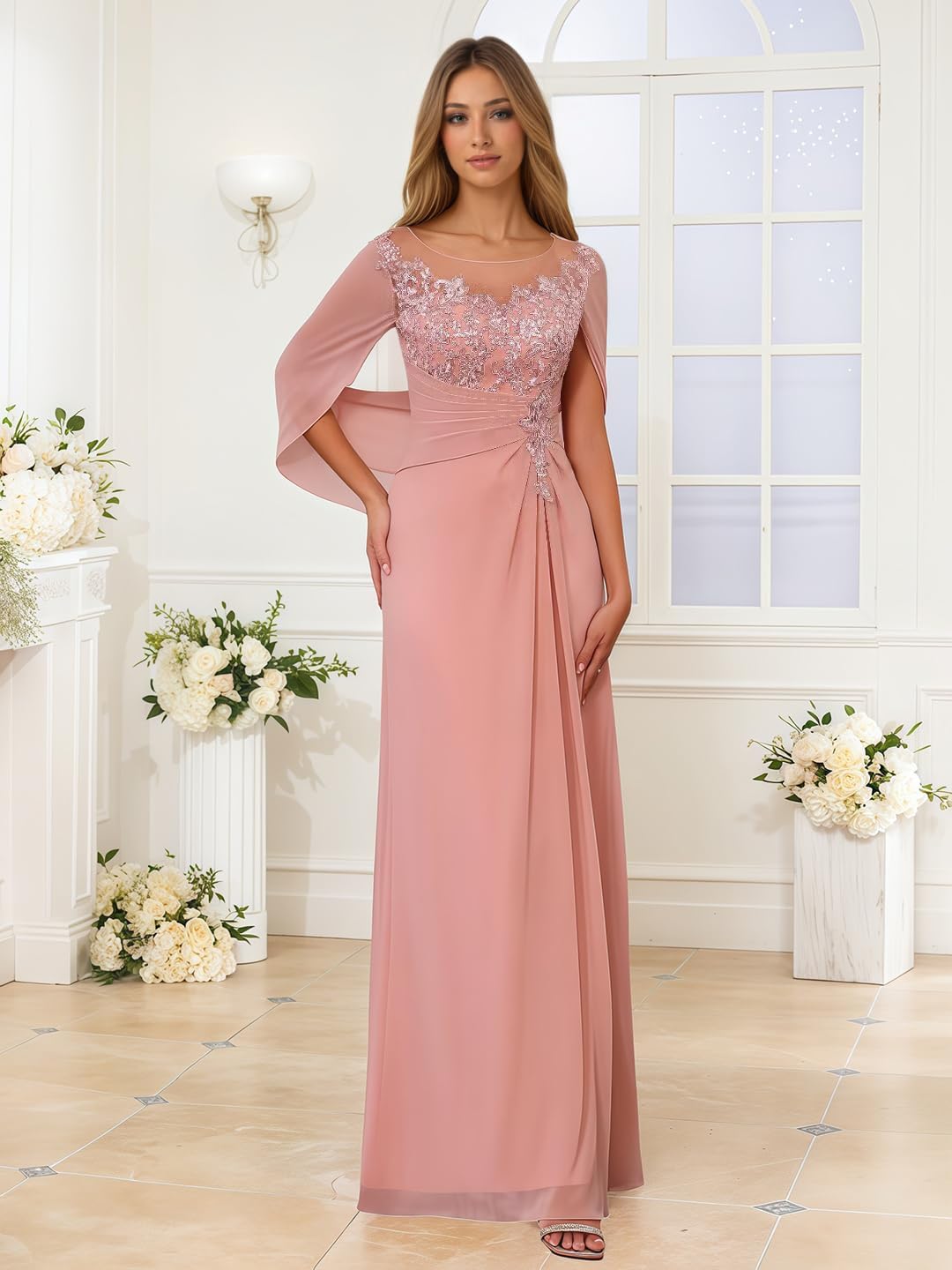 Women's Chiffon Mother of The Bride Dresses with Cape Sleeves Lace Appliques Evening Party Gowns