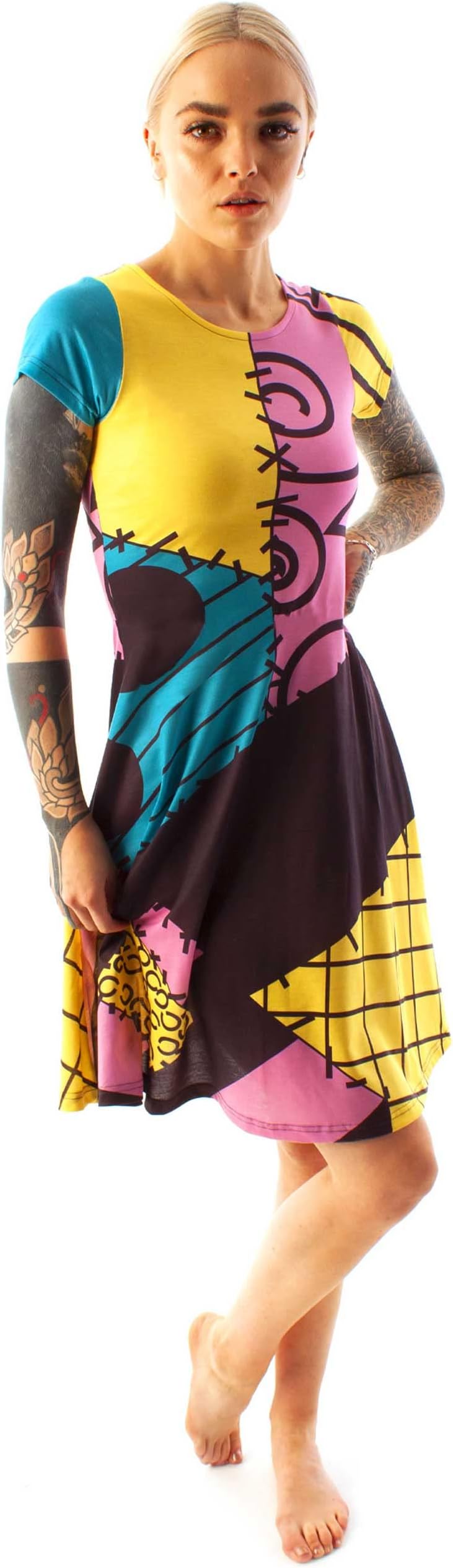 Nightmare Before Christmas Sally | Women's Multicoloured Short Sleeve Costume Dress | Halloween Party Outfit | Cosplay Dress | Themed Apparel for Fans Merch