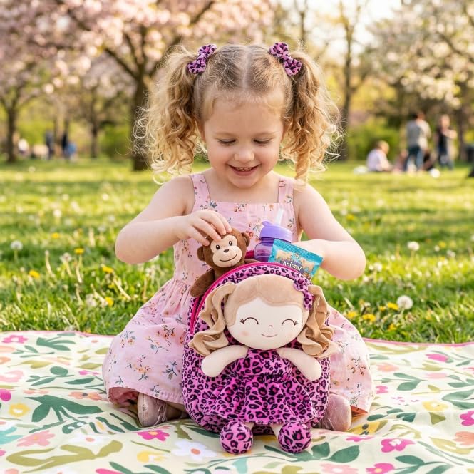 Image of Gloveleya Toddler Girls Backpacks Soft Doll Backpack for Kids Curly Hair Dolls for Girls in Rose Leopard Dress 9 inches