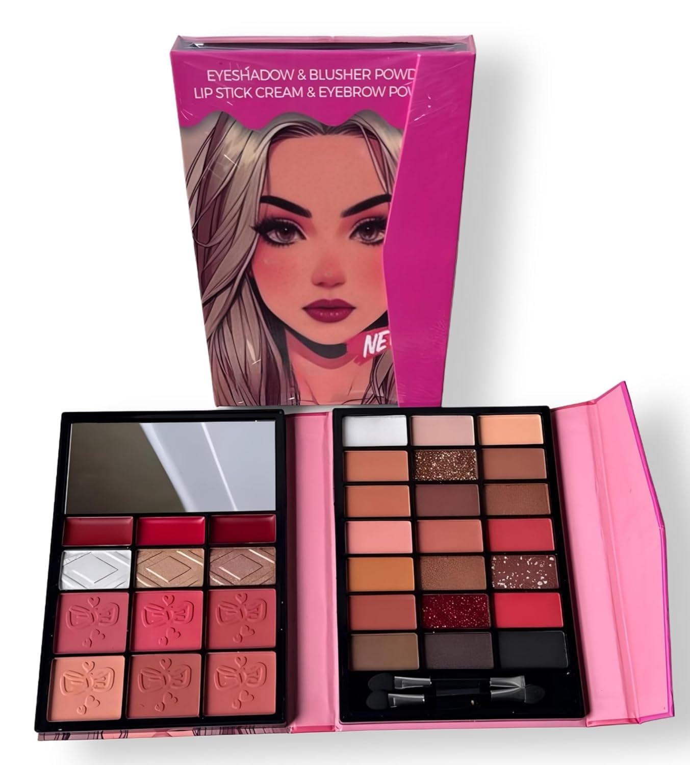 All In One Makeup Book Kit Palette | 24 Eyeshadow, 2 Highlighter, 2 Blusher, 4 Lip Shades with Brush & Mirror. (Mini Book Light Pink)-image-20