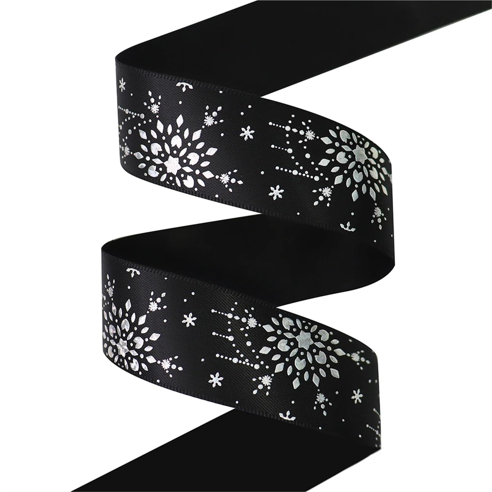 Nastro Con Stampa A Caldo Nastro di raso stampato con fiocco neve in lamina d'argento al laser da 25 mm for l'imballaggio decorazioni for feste Accessori for cucire fai-da-te(Black,100Yards)