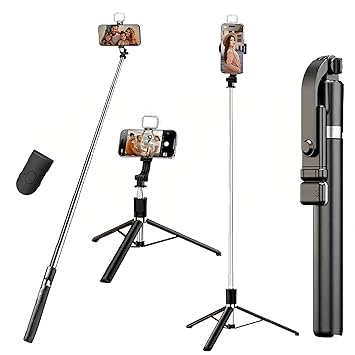 K9 67-inch (170cm) Reinforced Selfie Stick & Tripod with Light and Bluetooth Remote. Multi-Functional Long Stand for Travel or Vlogging. Universally Compatible with iPhone & All Smartphones!
