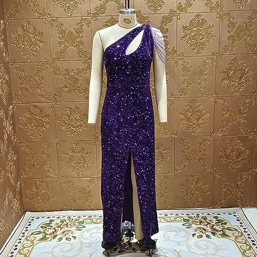 Image of Cololura Women Sequin Elegant Sexy One Shoulder Tassel Mermaid Bodycon Cocktail Evening Dress