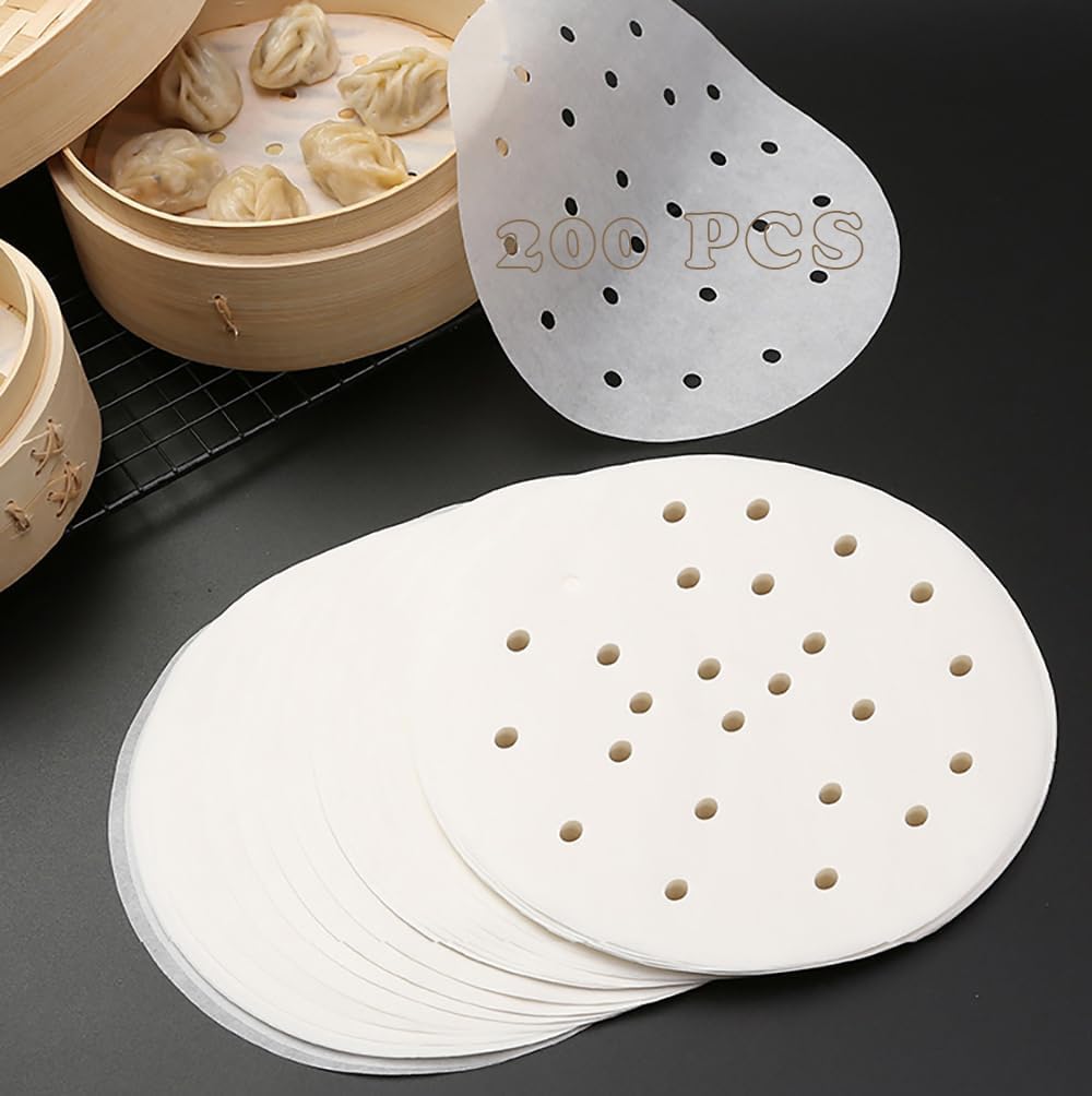 200 Sheets Round Perforated Parchment Paper - 8 Inch Air Fryer Liners, Bamboo Steamer Basket Liners - Non-Stick for Baking, Microwaving, Oven Cooking (200)