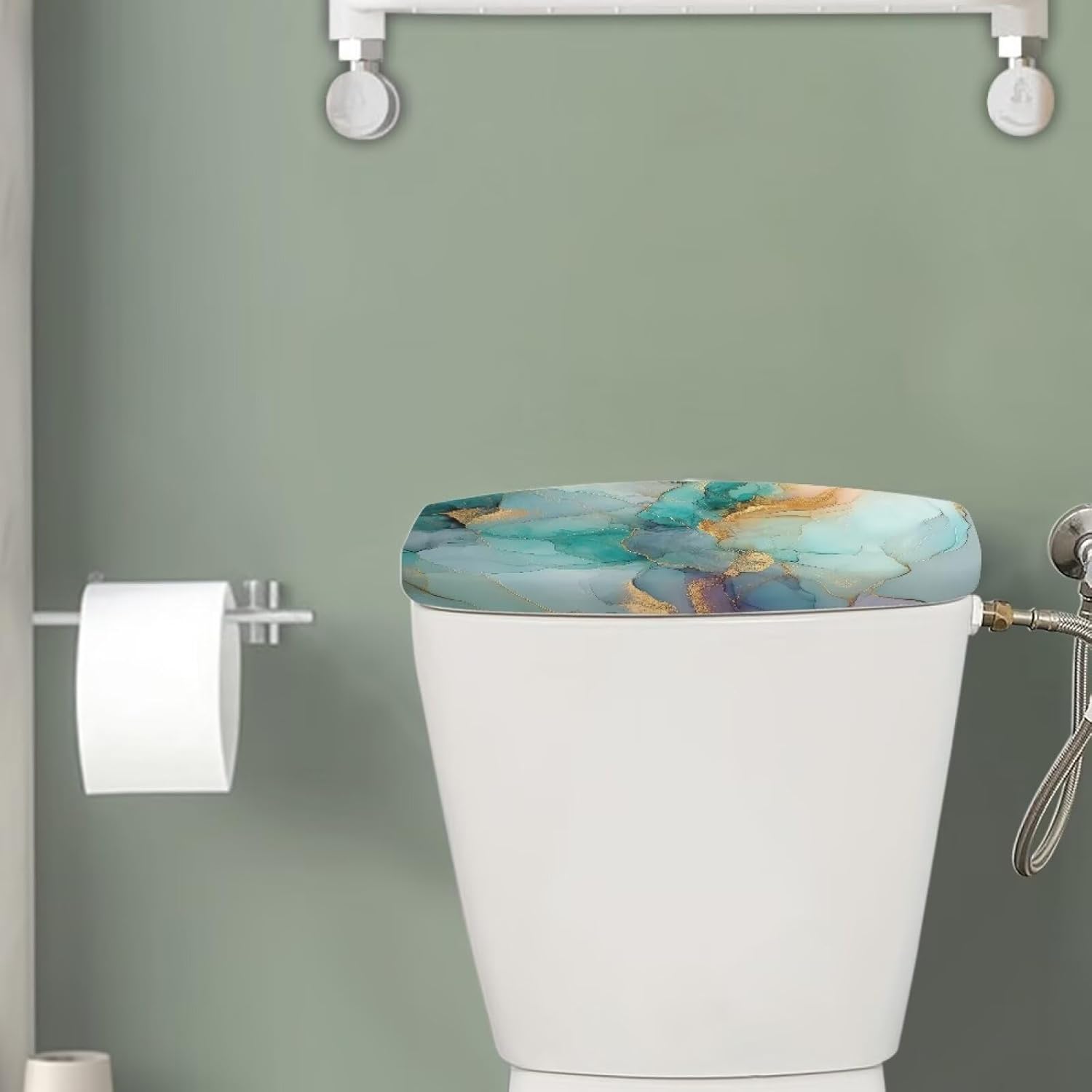 Green Gold Marble Print Toilet Tank Lid Cover for Bathroom, Stretchy Toilet Tank Protector Dust-Proof Restroom Decor Accessory Decorative Machine-Washable image 2