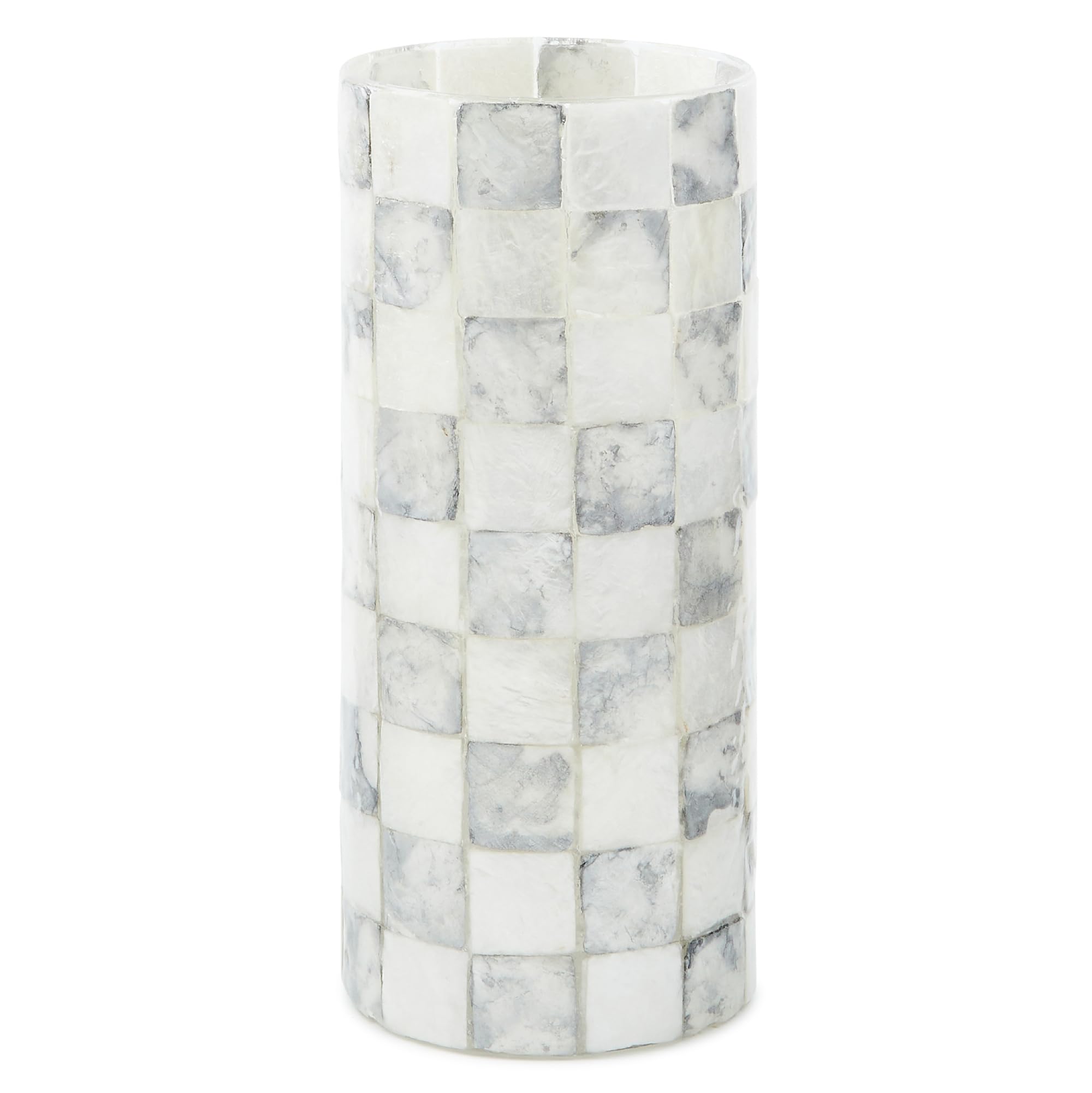 MACKENZIE-CHILDS Capiz Small Vase, Unique Flower-Vase Decor, Gray-and-White Sterling Check
