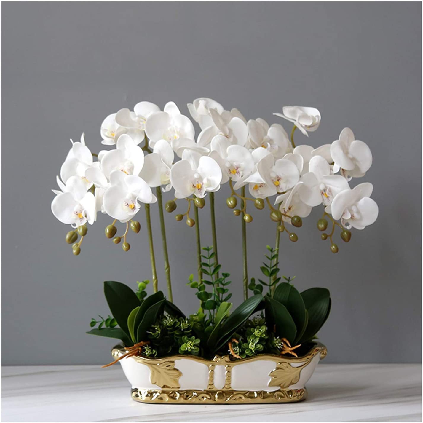 IUokLU artificial flower with pot Orchid Artificial Orchids Potted Simulation Orchids Plants Bonsai with Ceramics Pot for Office/Parlor/Kitchen Decoration Faux Flower Orchid (White)