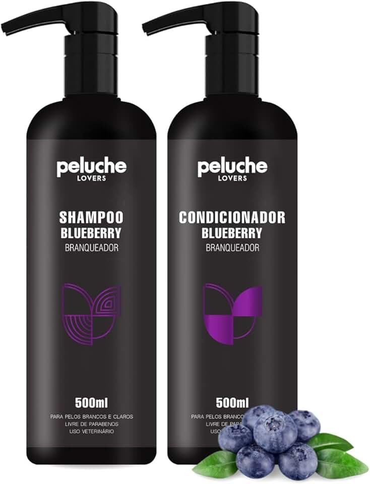 Shampoo e Condicionador Branqueador para Cães e Gatos, Peluche Blueberry para Pelos Claros, 500ml