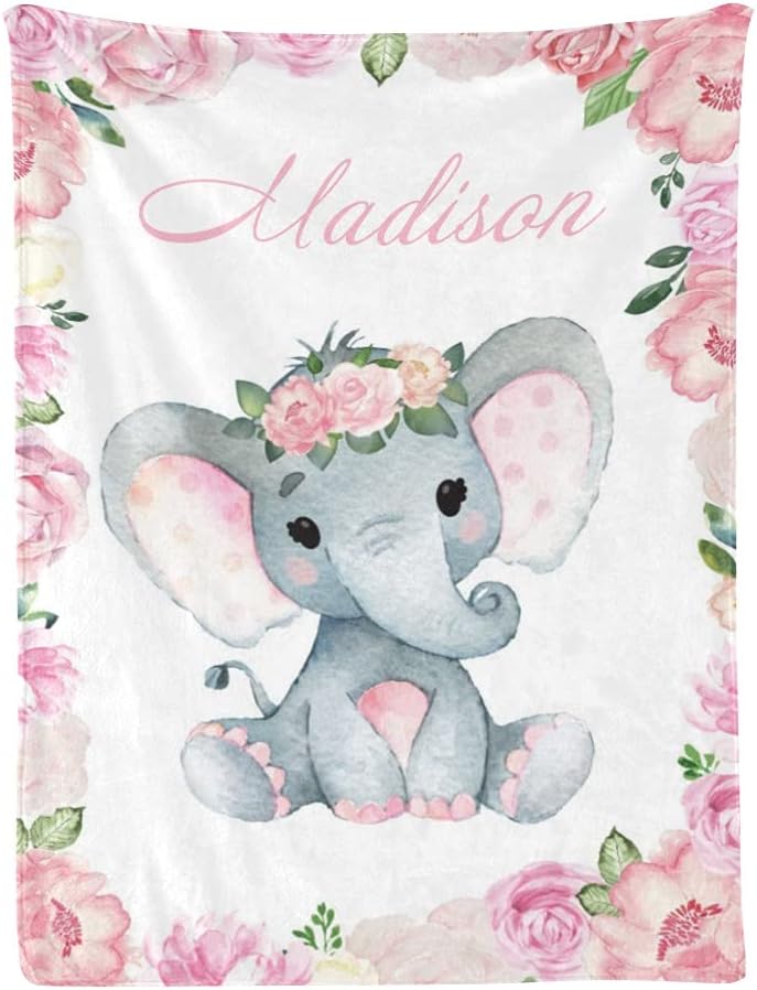 Personalized Baby Blanket Elephant Baby Pink Custom Nursery Swaddling Blankets 30x40 Inches for Baby Boy Girl with Name for Baby Shower Birthday