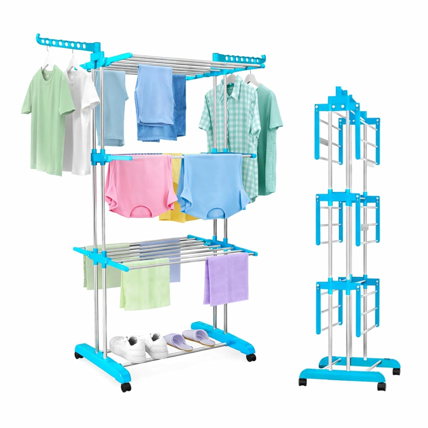 Boniry Foldable Multi-Layer Clothes Drying Stand with Wheels | Adjustable Stainless Steel Laundry Cloth Dryer Stand for Indoor & Outdoor Use | Space-Saving Design with Hanger Hooks