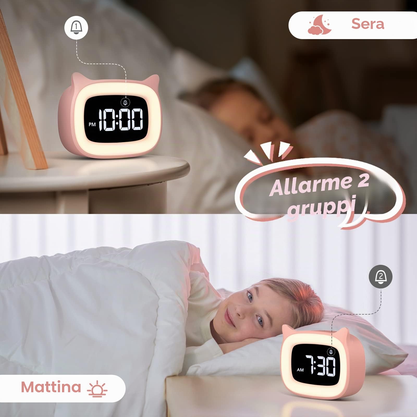 mizikuu Sveglia Bambini da Comodino, Sveglia Digitale con Led Numeri Grandi, 0-100% Dimmer, 18 suonerie, 2 Allarmi, 12/24H, Snooze, Porta di Ricarica USB