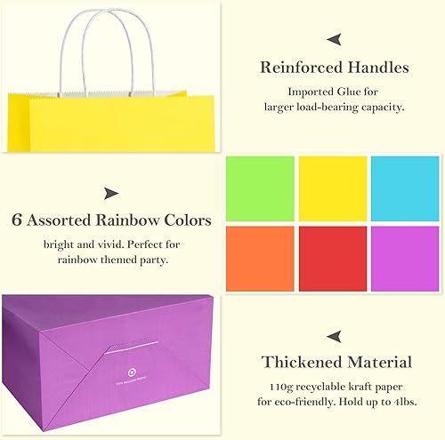 Miniatura 2 de BagDream 24 bolsas de papel de regalo pequeñas con asas, 6 colores surtidos del arco iris, bolsas de papel kraft para bodas, fiestas de cumpleaños,