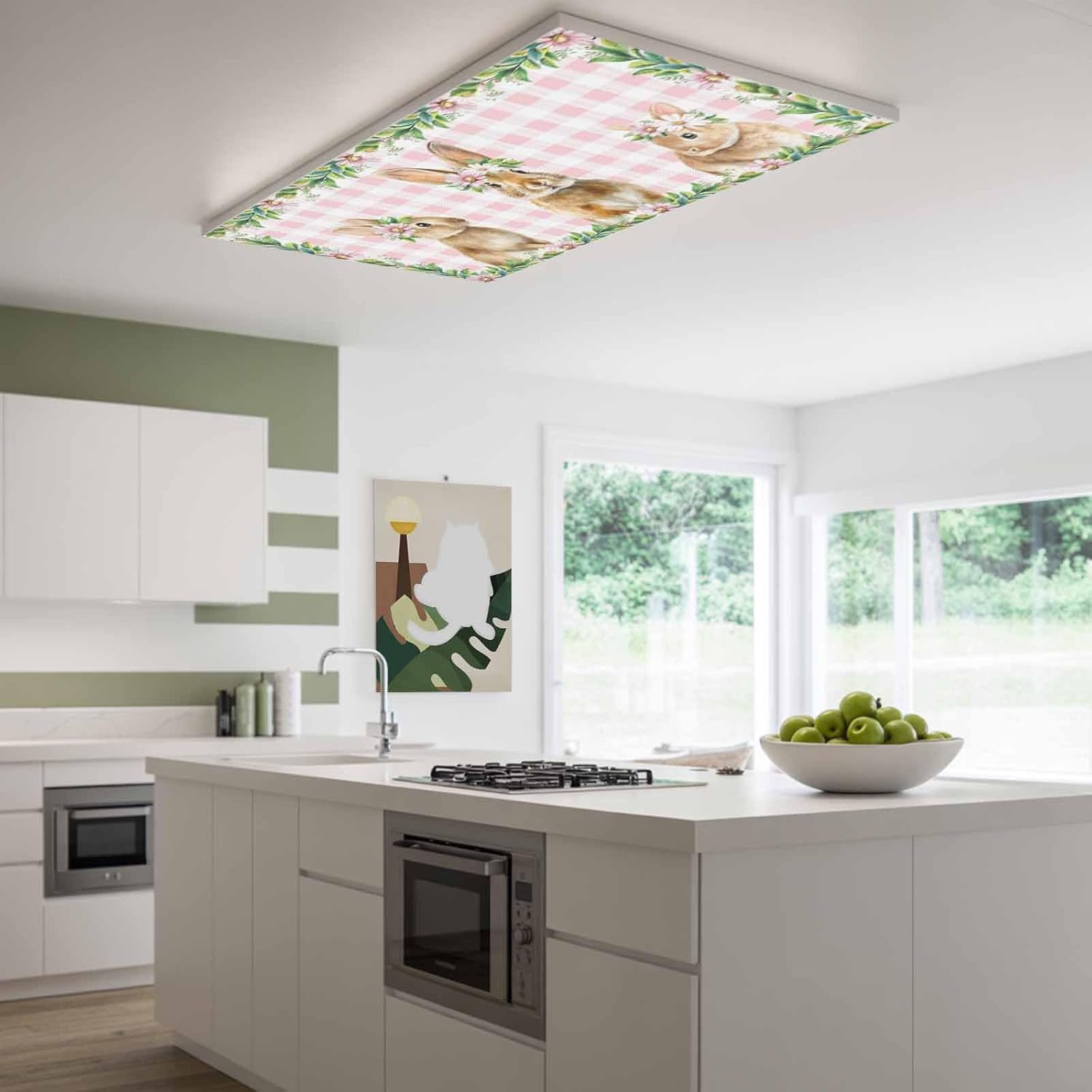 2x4 ft Fluorescent Light Cover for Ceiling Brown Cute Easter Rabbits Pink Daisy Magnetic Light Filters, Spring Green Leaves Ceiling Lampshades for Home School Office 4Pcs